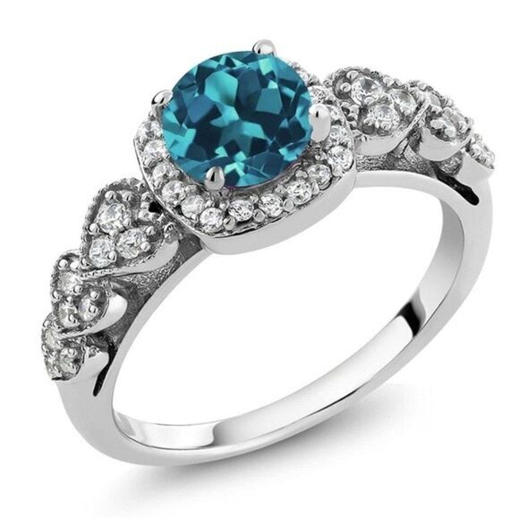.925 Sterling Silver with London Blue Topaz and Diamond Cubic Zirconia Ring - Picture 1 of 6